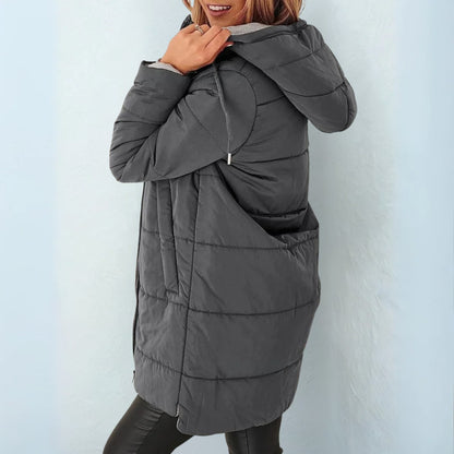 Doudoune longue capuche ajustable, coloris gris foncé, vue de face