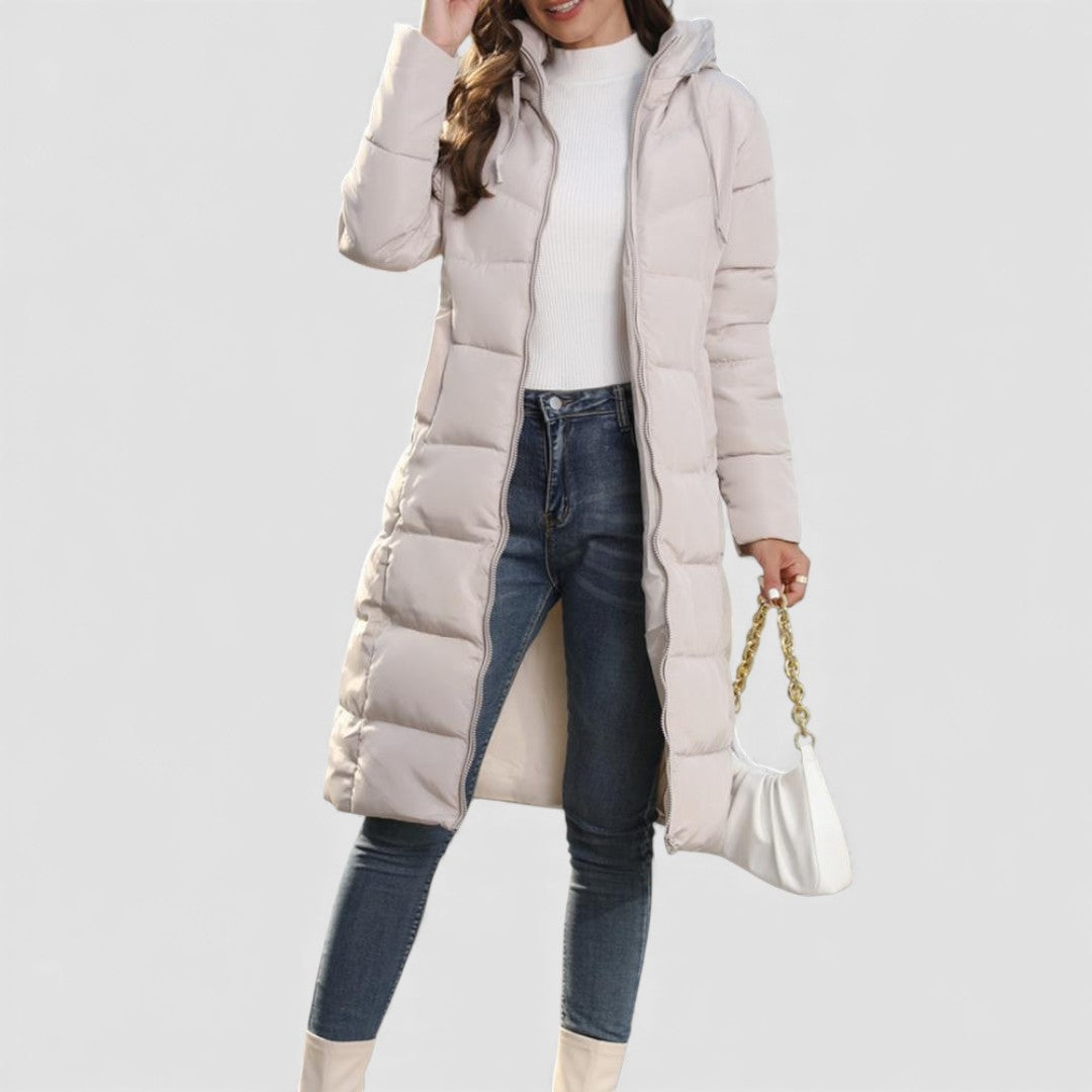 Doudoune longue à capuche pour femme, coloris beige