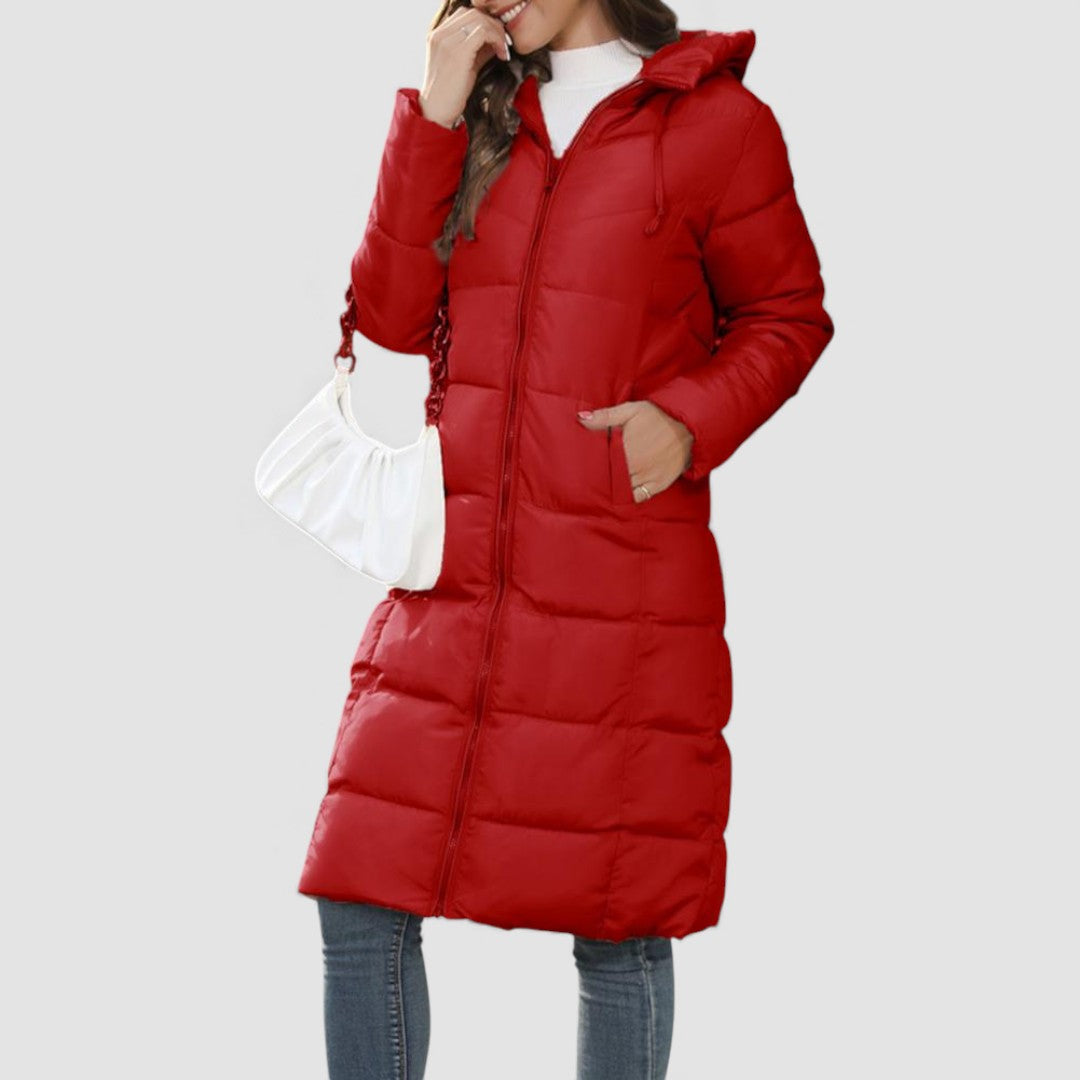 Doudoune longue à capuche pour femme, coloris rouge