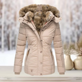 Doudoune capuche amovible fourrée pour femme, coloris beige