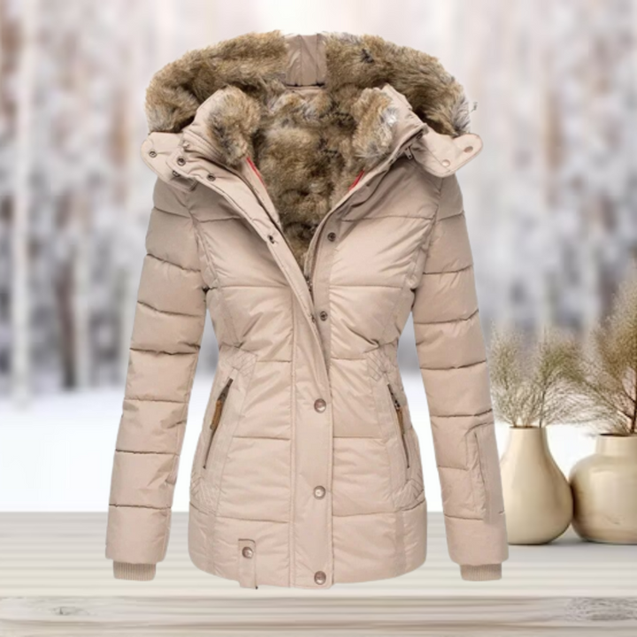 Doudoune capuche amovible fourrée pour femme, coloris beige