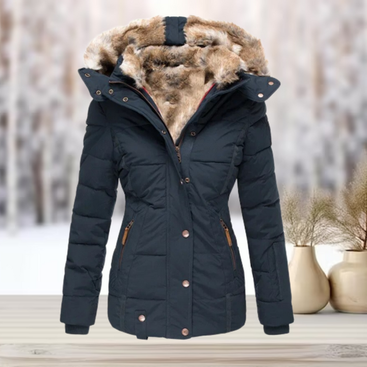 Doudoune capuche amovible fourrée pour femme, coloris bleu marine