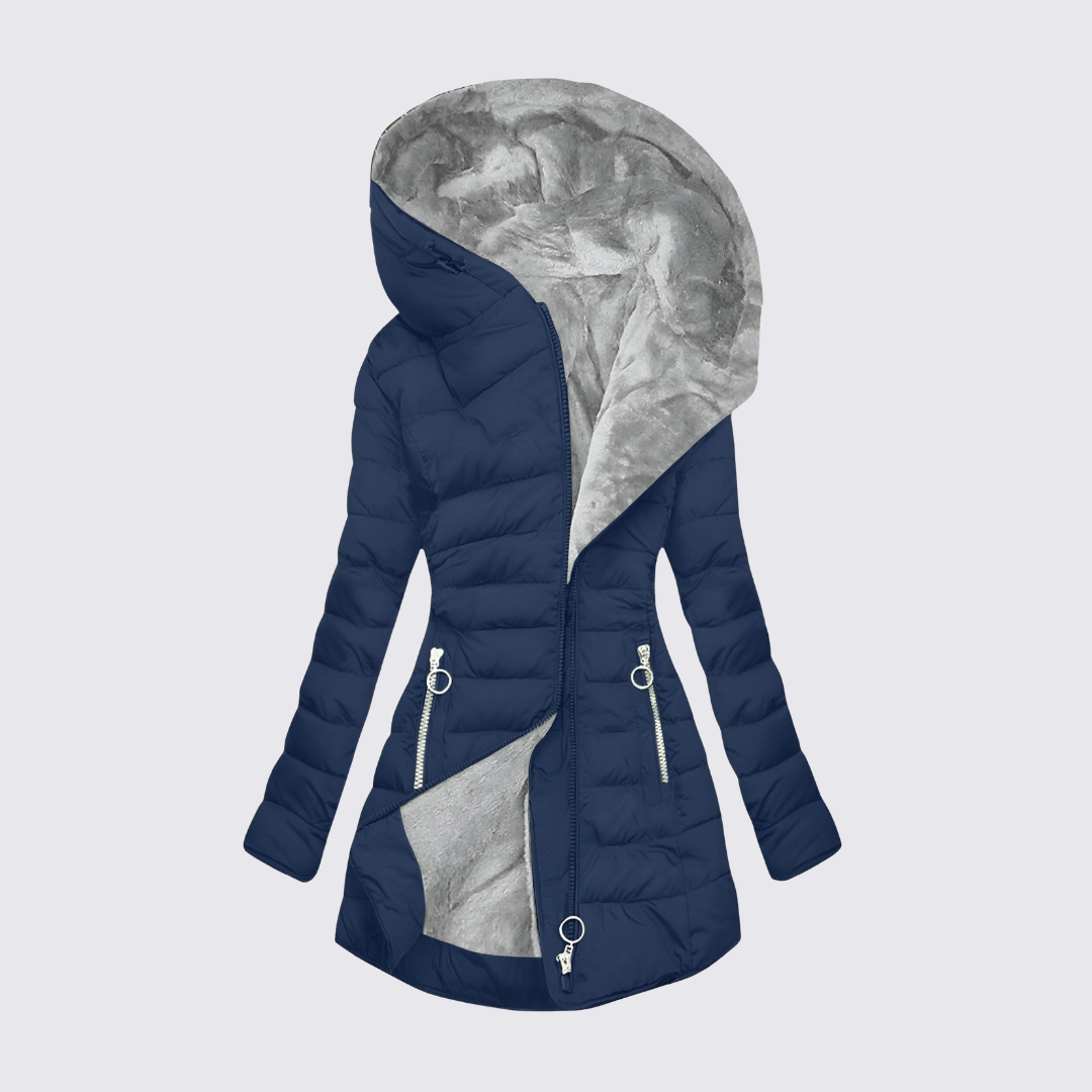 Doudoune cintrée capuche fourrée pour femme, coloris bleu marine