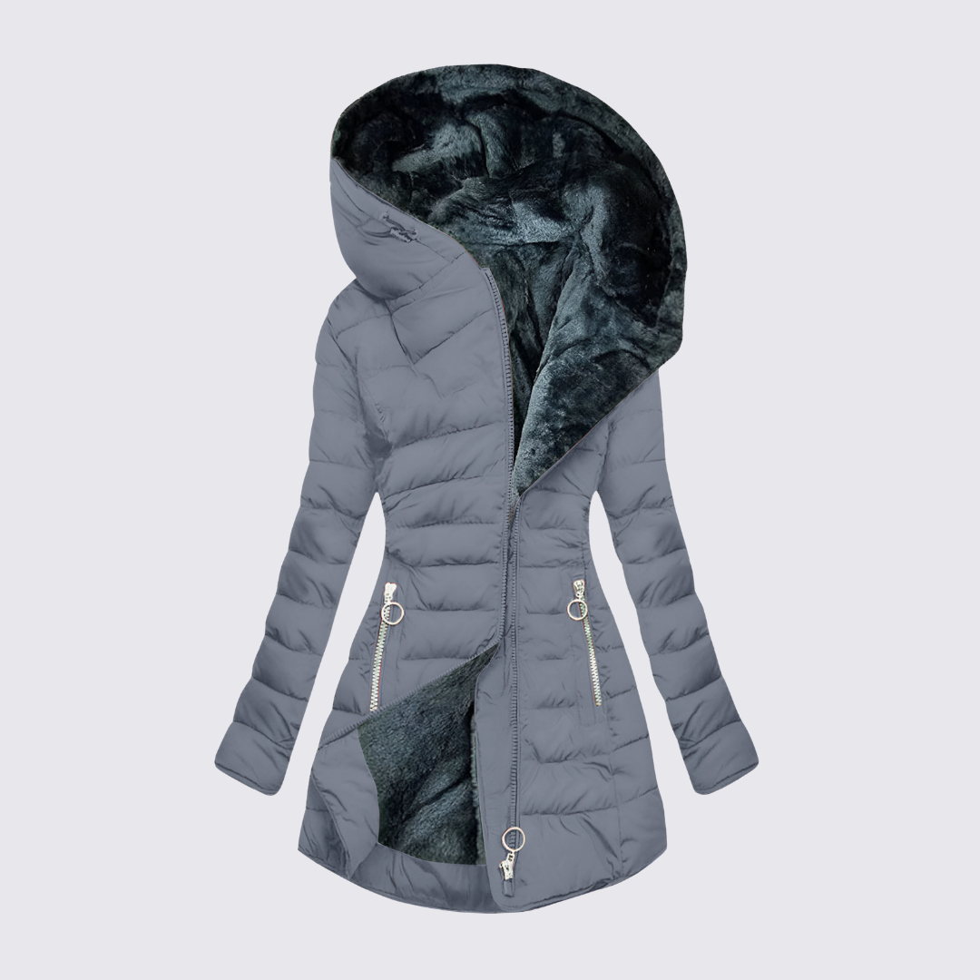 Doudoune cintrée capuche fourrée pour femme, coloris gris