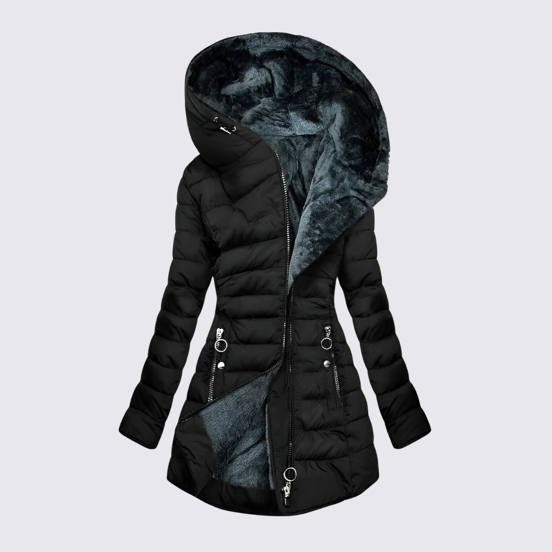 Doudoune cintrée capuche fourrée pour femme, coloris noir