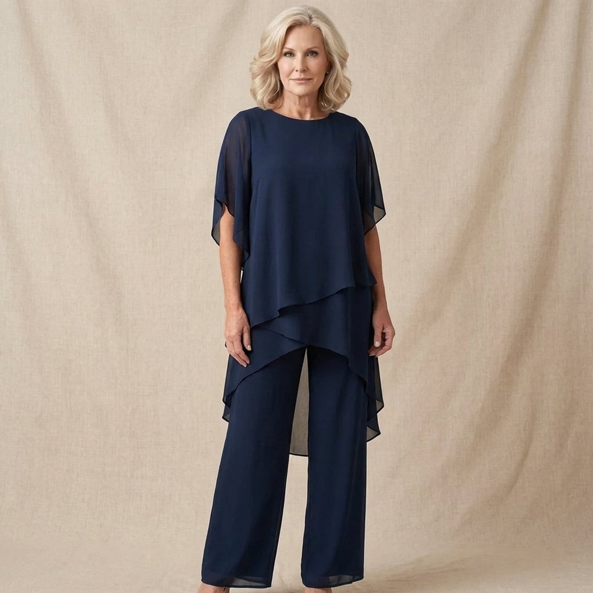 Ensemble en chiffon superposé, bleu marine, vue 2