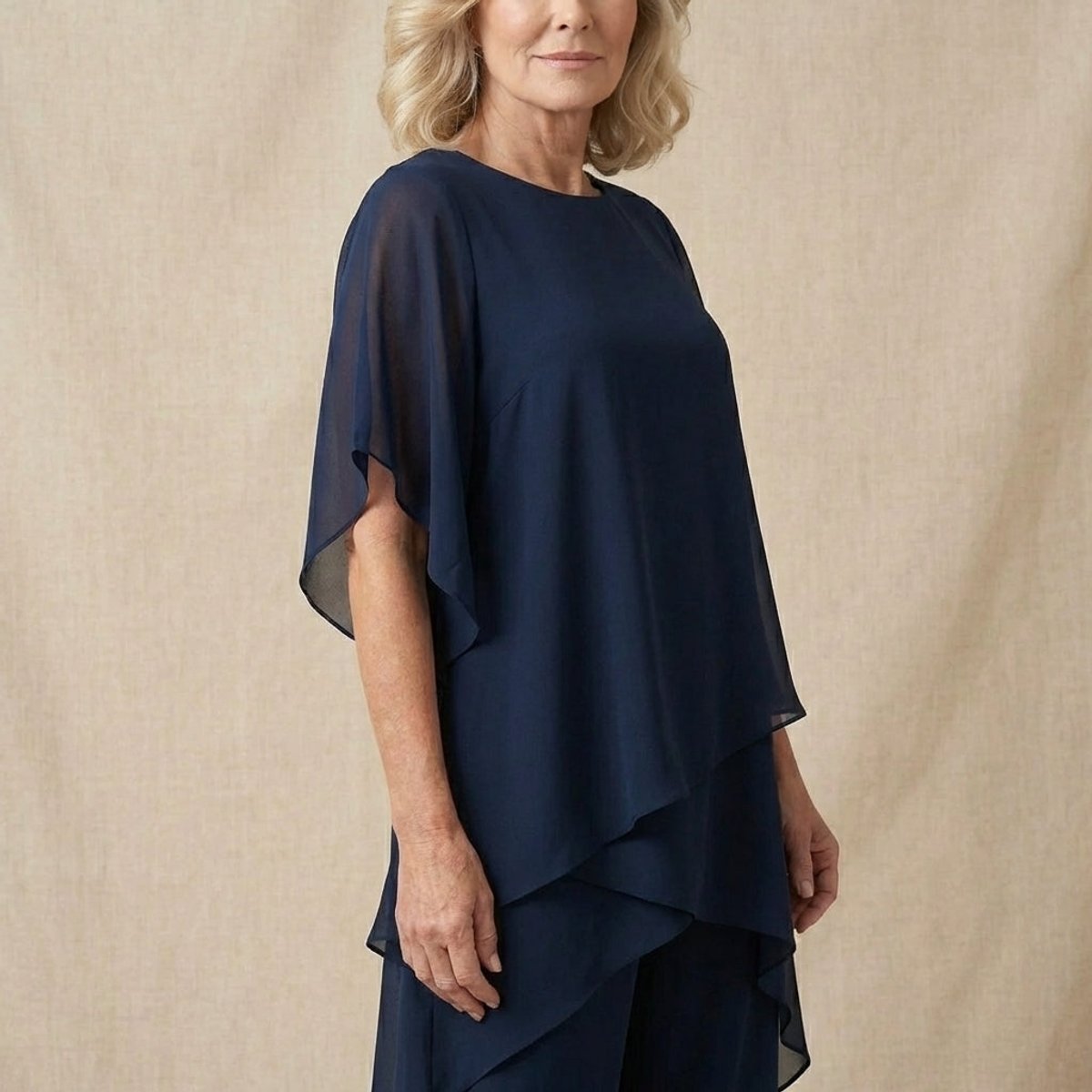 Ensemble en chiffon superposé, bleu marine, vue 3