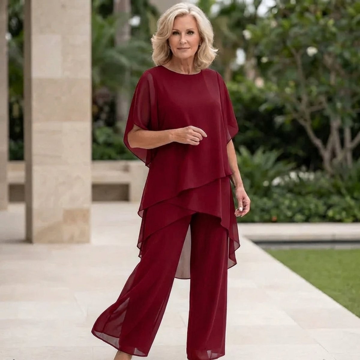 Ensemble en chiffon superposé, bordeaux
