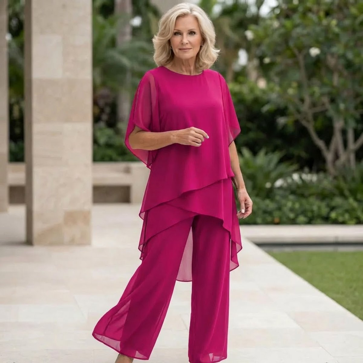 Ensemble en chiffon superposé, rose foncé