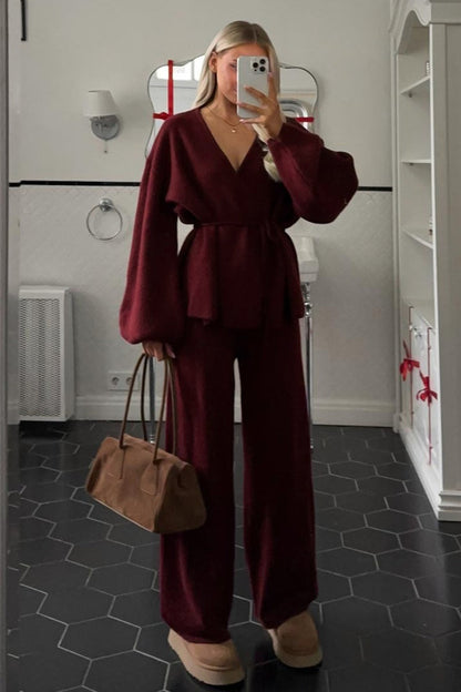 Ensemble maille pantalon large, coloris bordeaux, porté en tenue, vue 2
