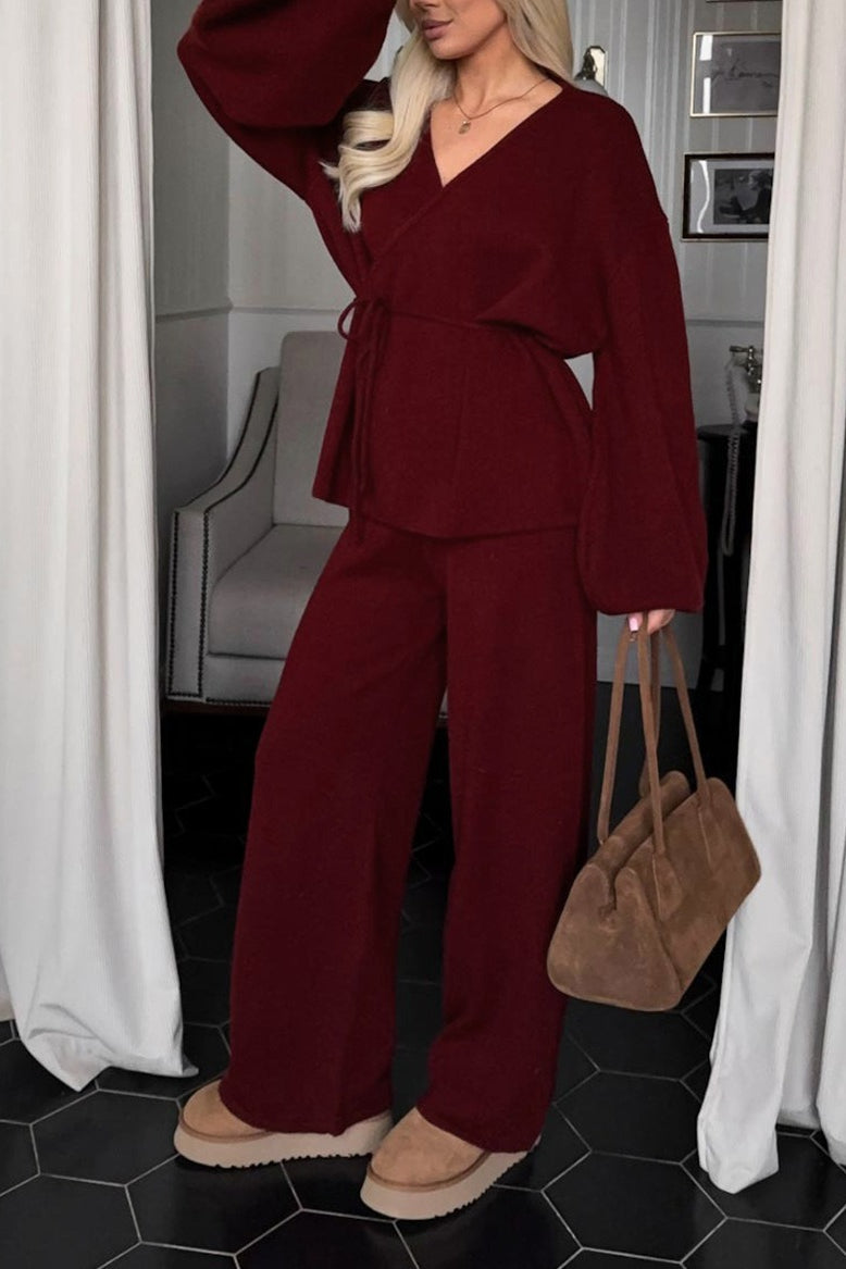 Ensemble maille pantalon large, coloris bordeaux, porté en tenue, vue 3