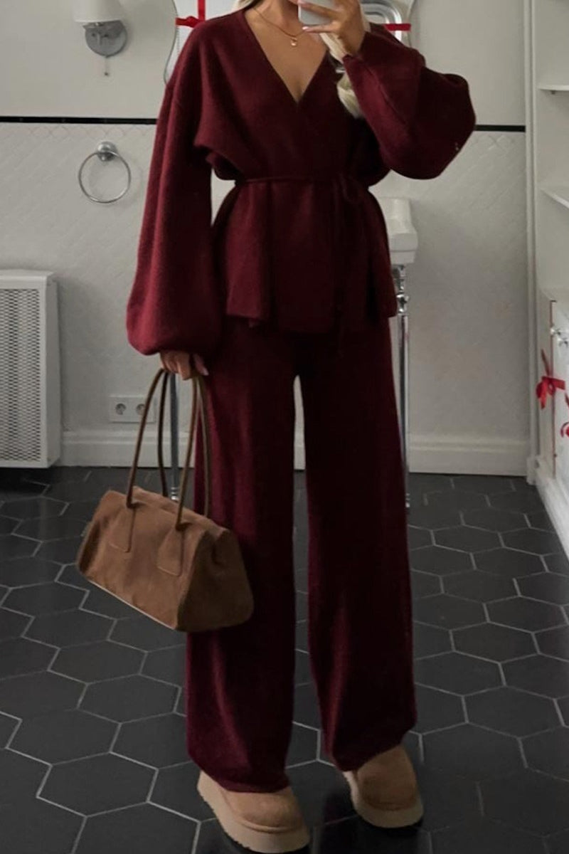 Ensemble maille pantalon large, coloris bordeaux, porté en tenue, vue 4