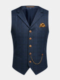 Gilet bleu marine à carreaux fenêtre avec pochette dorée et chaîne de montre