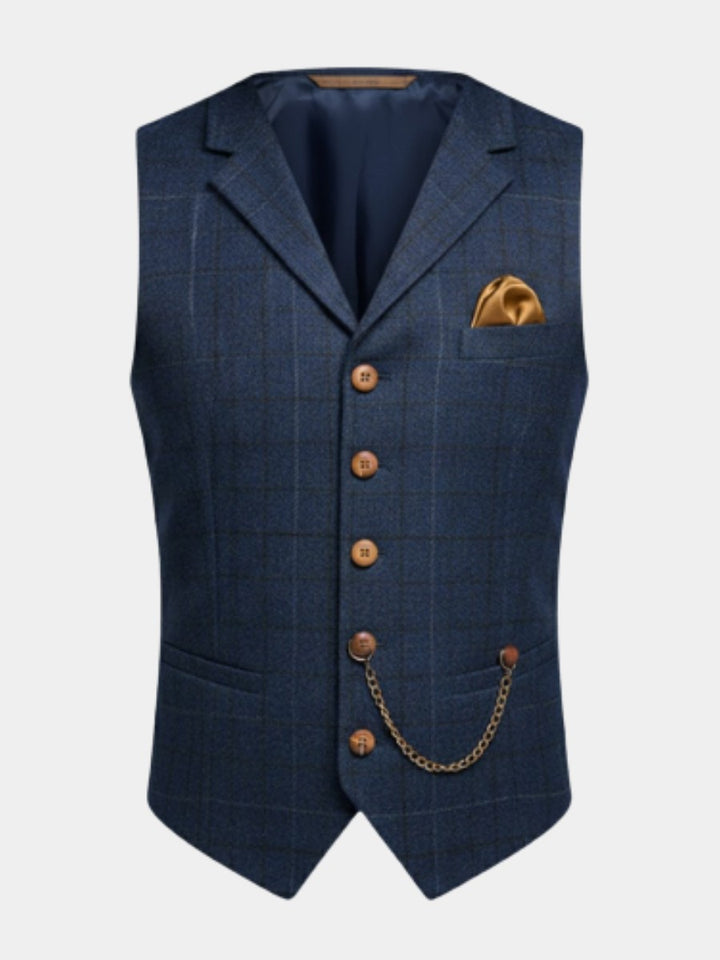 Gilet bleu marine à carreaux fenêtre avec pochette dorée et chaîne de montre