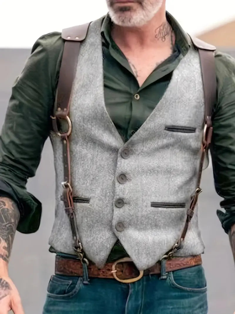 Gilet boutonné gris clair à sangles d'épaule, vue de face