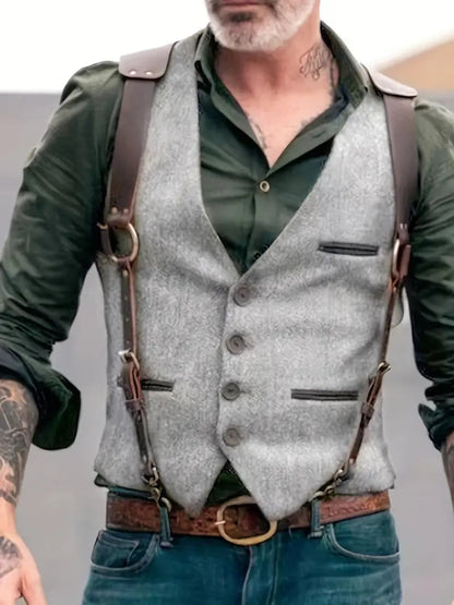 Gilet boutonné gris clair à sangles d'épaule, vue de face