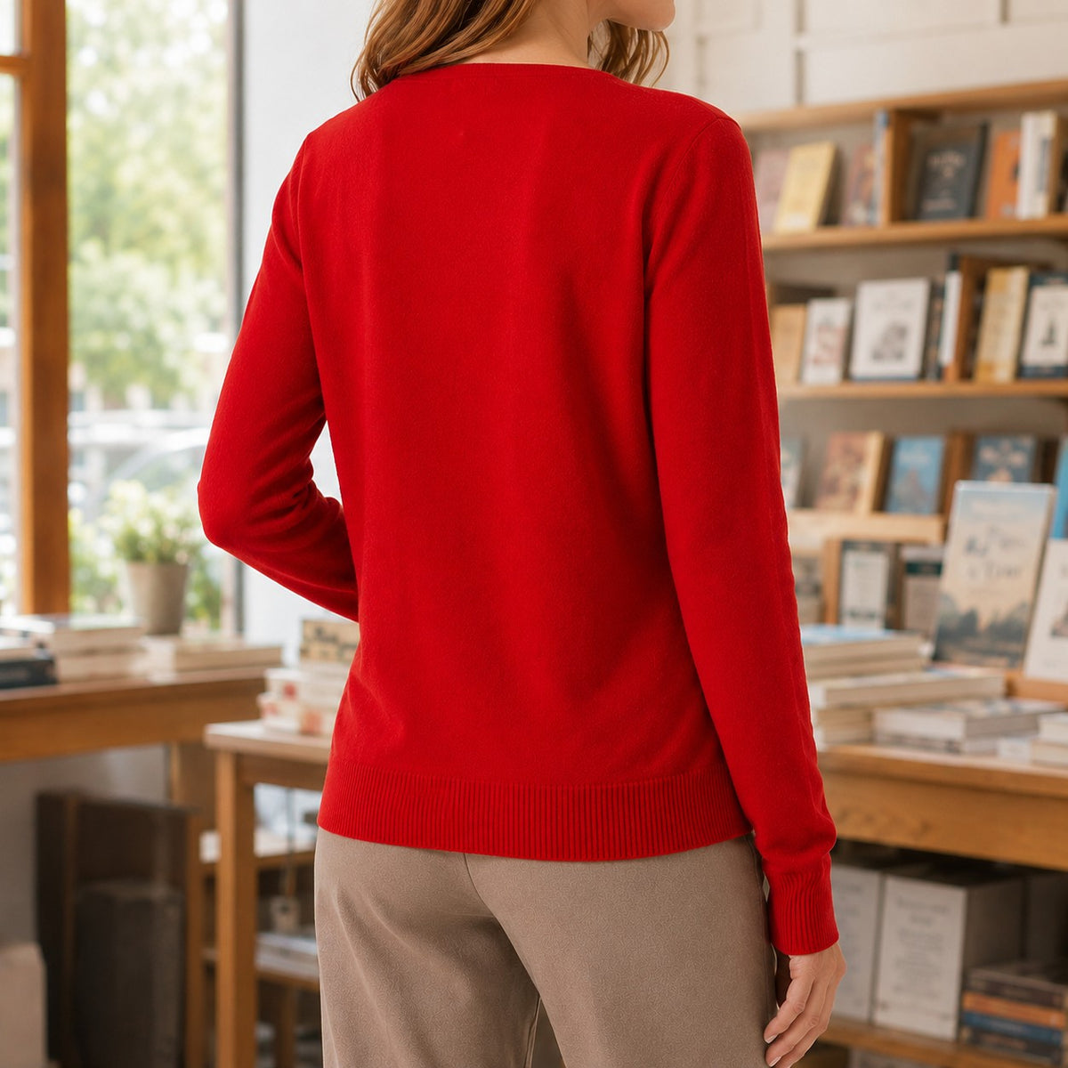 Gilet col V boutonné, coloris rouge, vue de dos