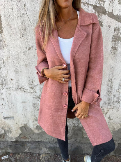 Gilet long à revers, coloris rose poudré, porté en tenue, vue 2