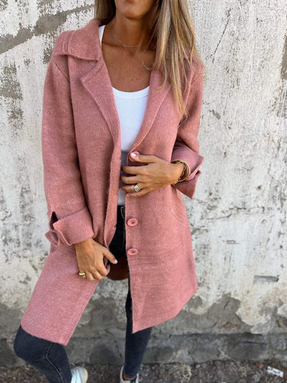 Gilet long à revers, coloris rose poudré, porté en tenue, vue 3