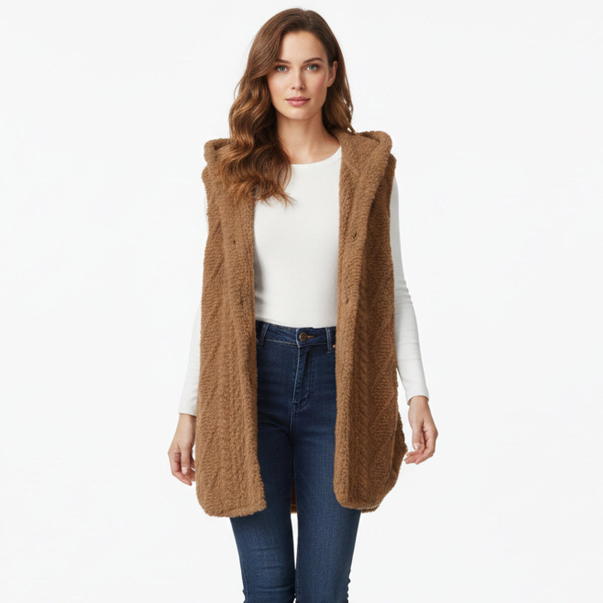 Gilet maille à capuche, coloris caramel, vue de face