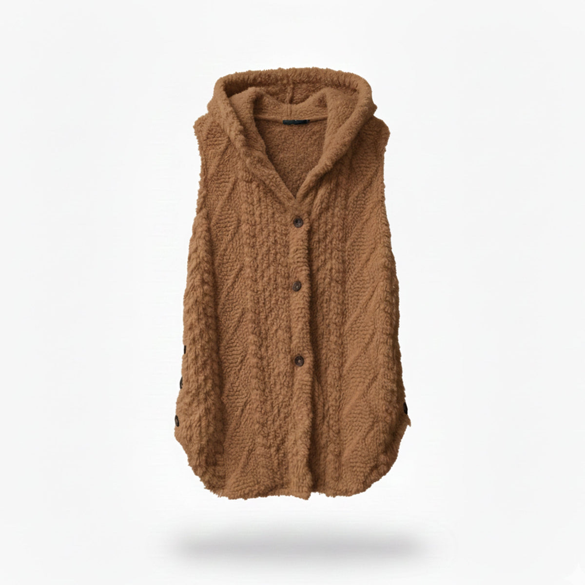 Gilet maille à capuche, coloris caramel, présenté à plat