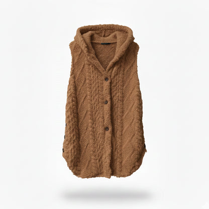 Gilet maille à capuche, coloris caramel, présenté à plat