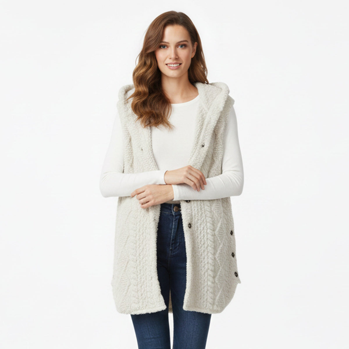 Gilet maille à capuche, coloris crème, vue de face