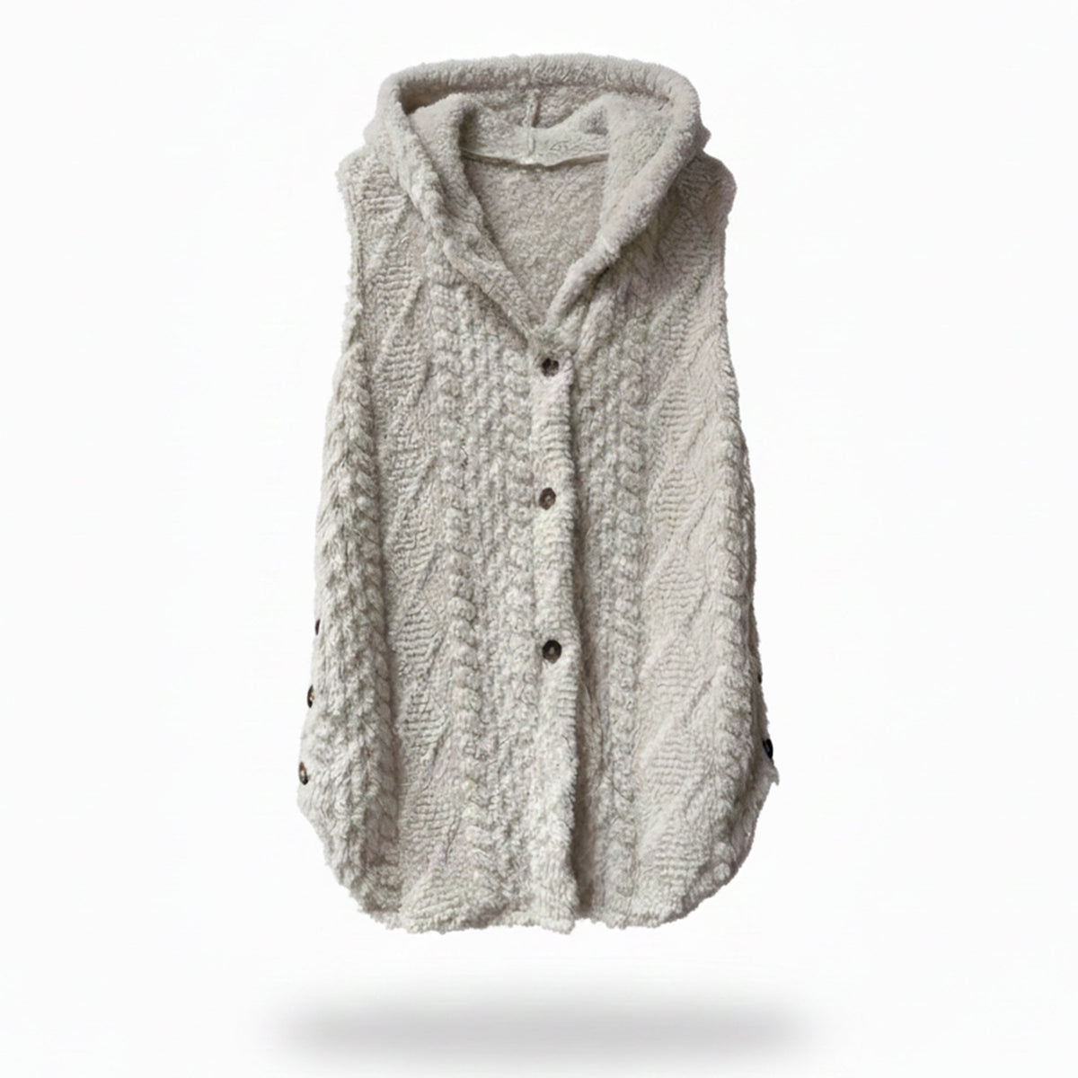 Gilet maille à capuche, coloris crème, présenté à plat