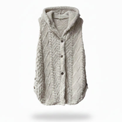 Gilet maille à capuche, coloris crème, présenté à plat