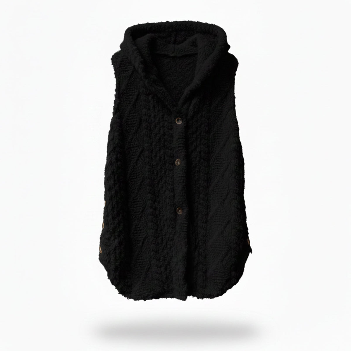 Gilet maille à capuche, coloris noir, présenté à plat