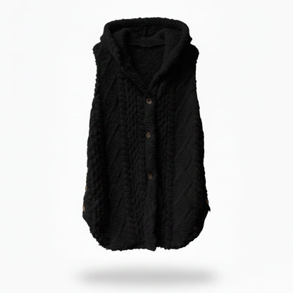 Gilet maille à capuche, coloris noir, présenté à plat
