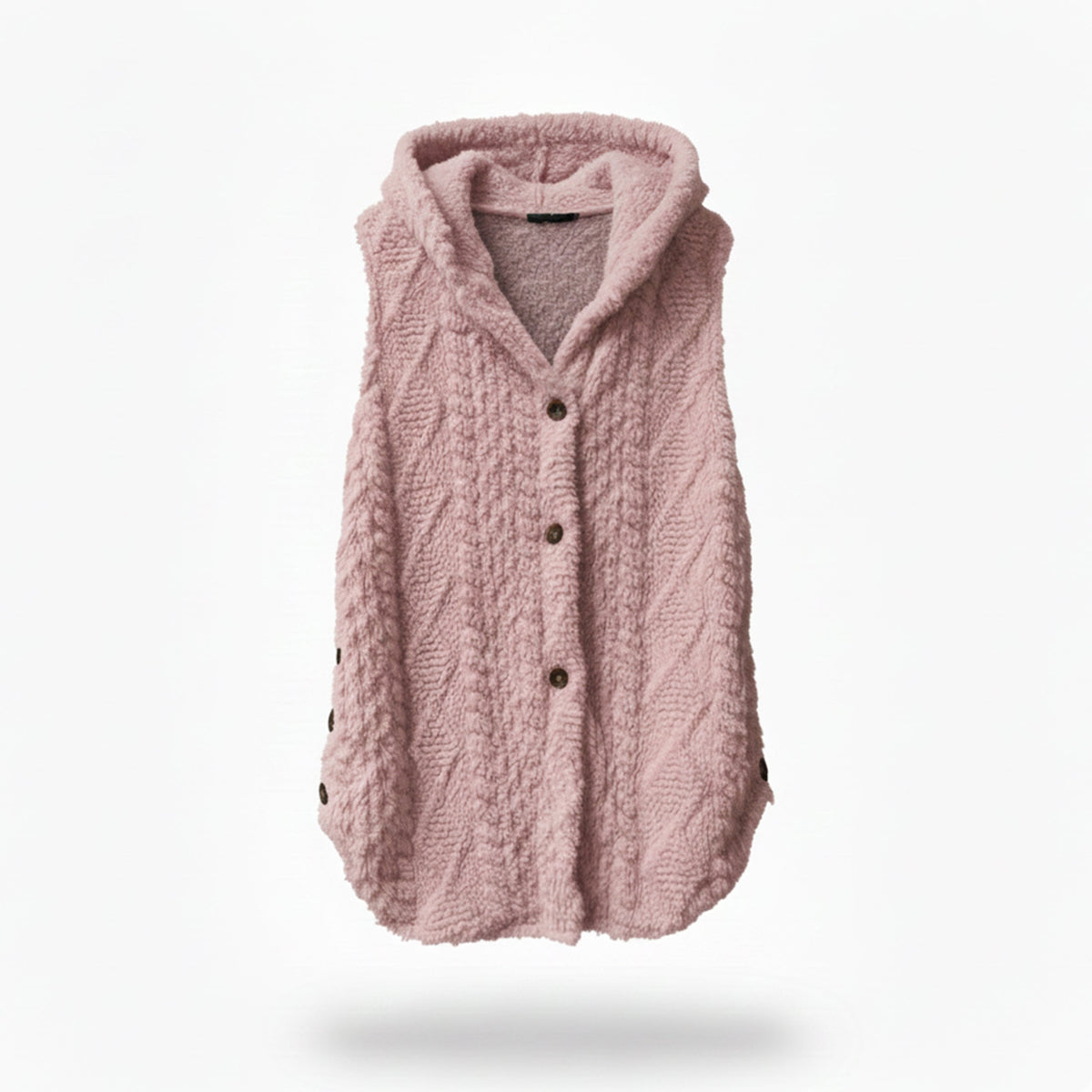 Gilet maille à capuche, coloris rose poudré, présenté à plat