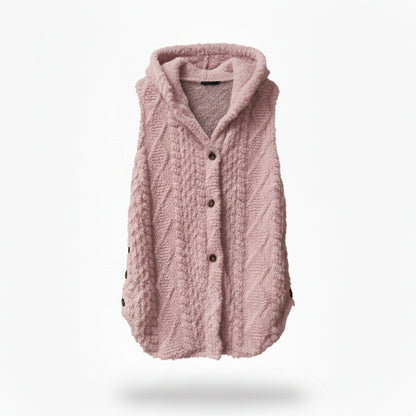Gilet maille à capuche, coloris rose poudré, présenté à plat