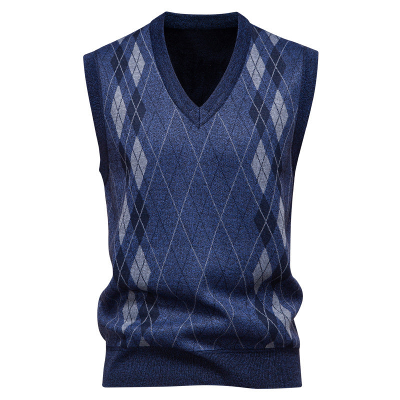 Gilet maille losanges, coloris bleu denim, vue de face