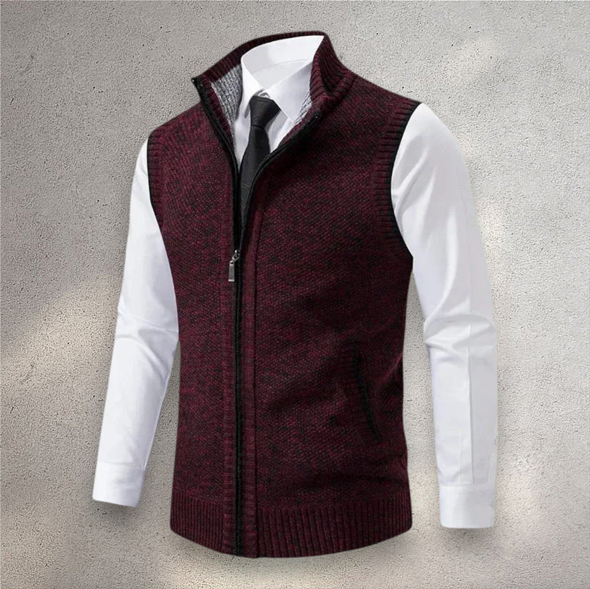 Gilet maille zippé structuré, coloris bordeaux, vue de face