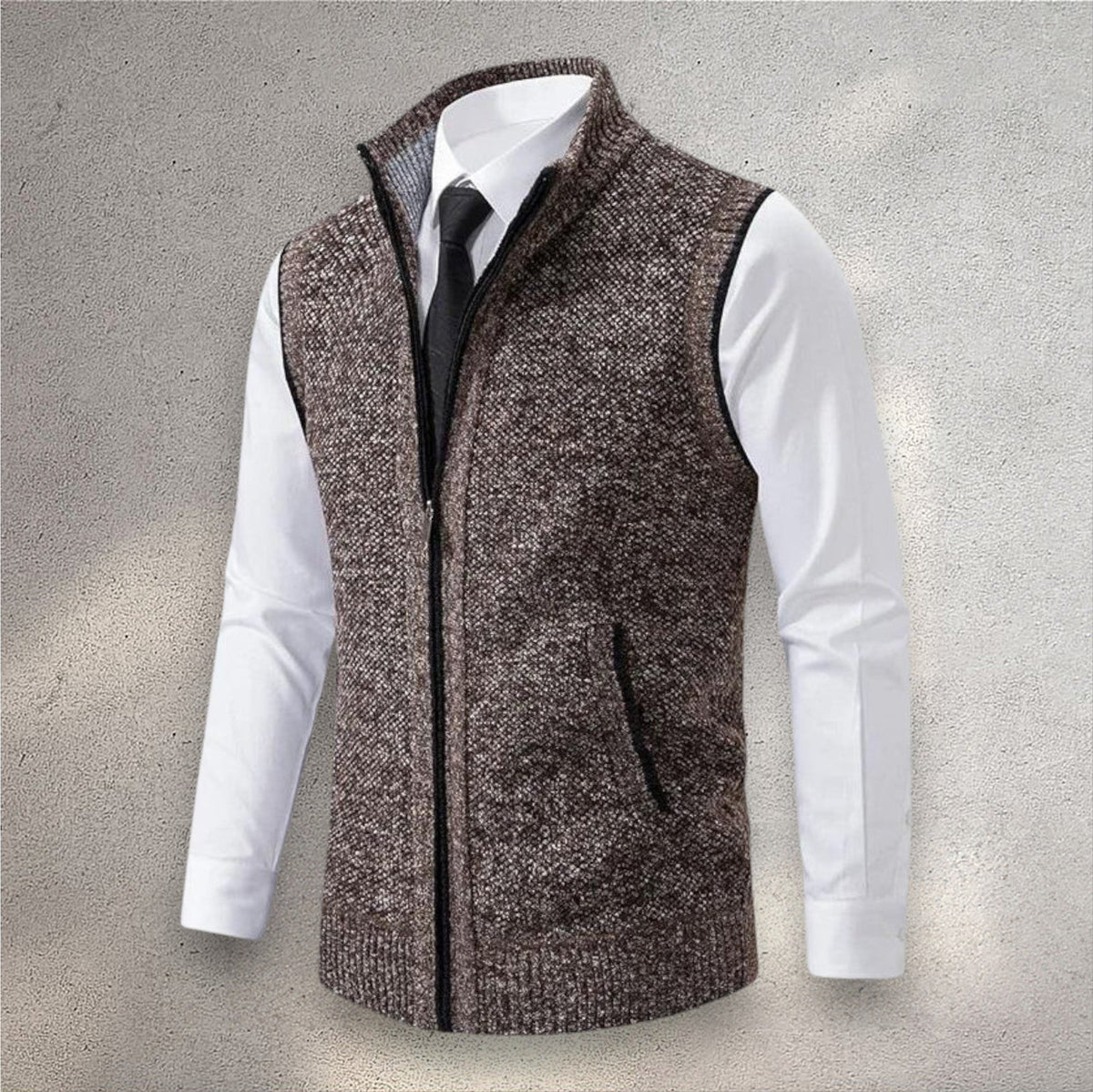 Gilet maille zippé structuré, coloris marron, vue de face