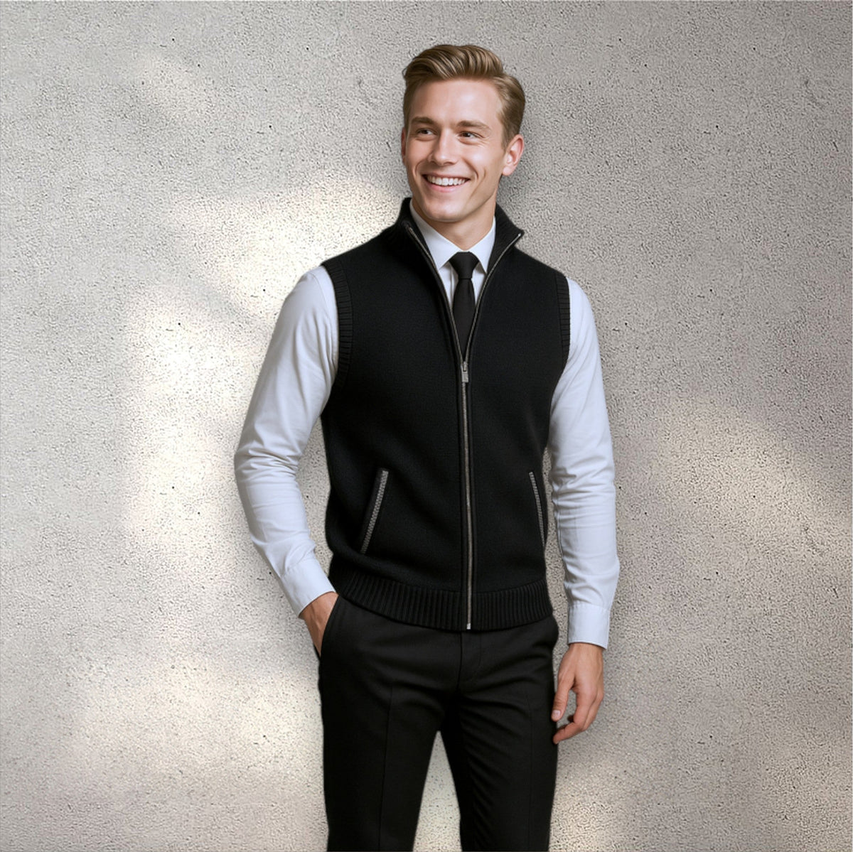 Gilet maille zippé structuré, coloris noir, porté en tenue