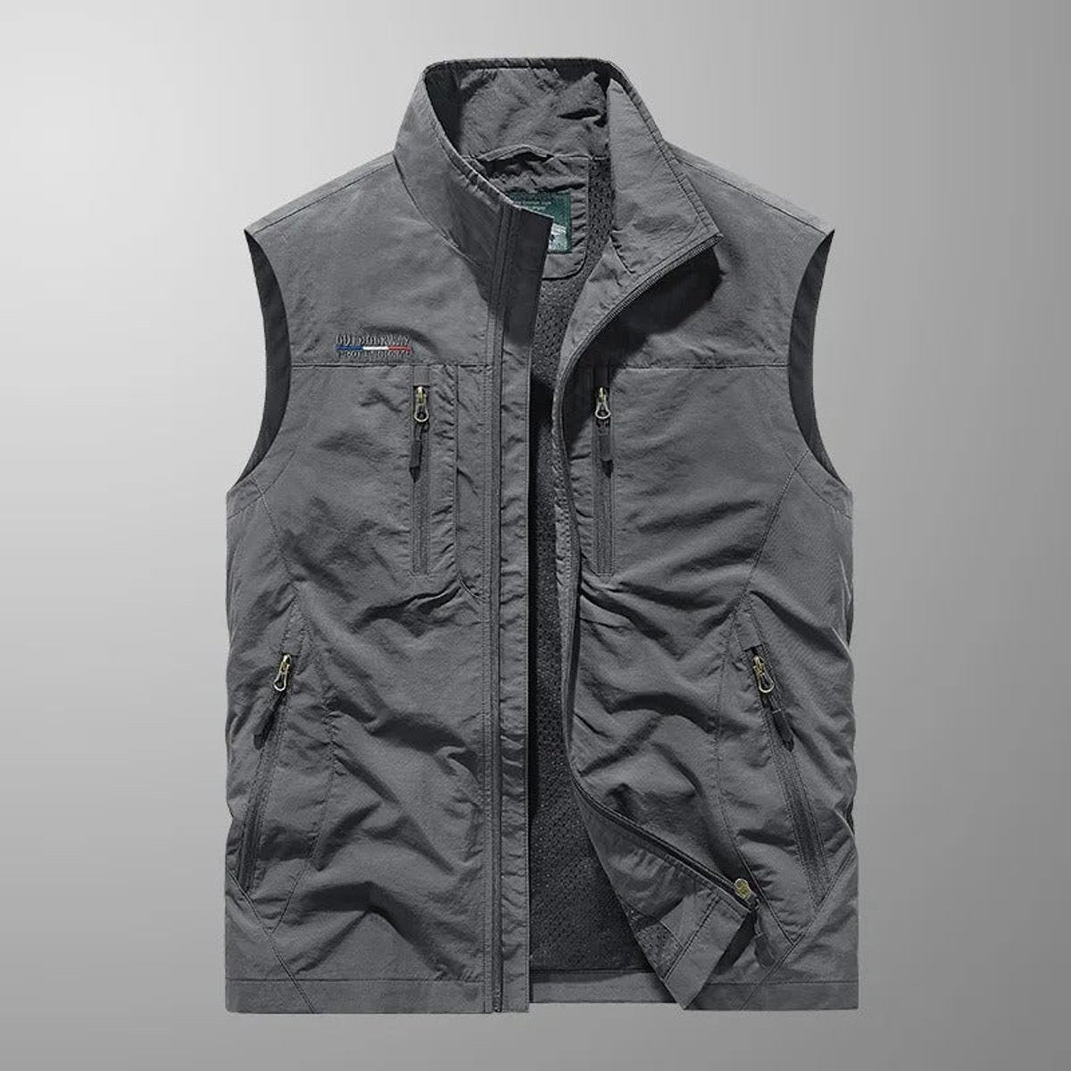 Gilet multipoches sans manches gris, poches de poitrine et latérales