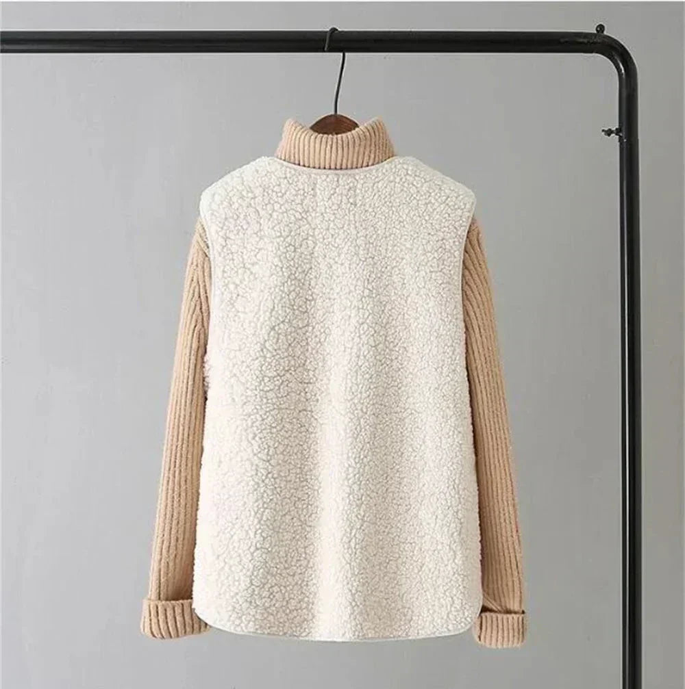 Gilet teddy sans manches, coloris crème, vue de dos
