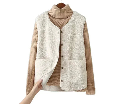 Gilet teddy sans manches, coloris crème, vue de face