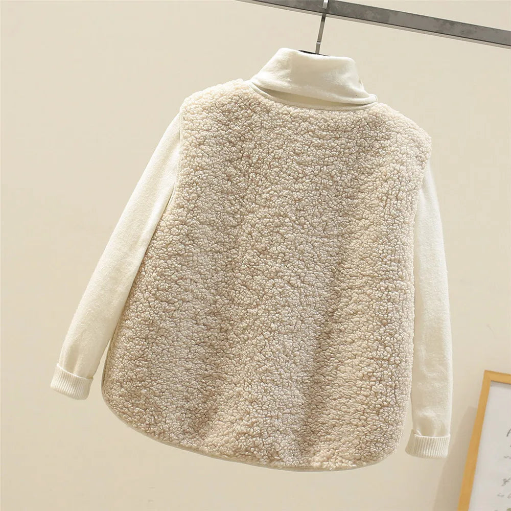 Gilet teddy sans manches, coloris crème, présenté à plat