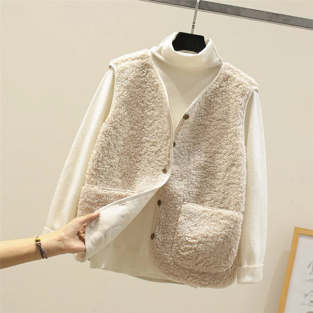 Gilet teddy sans manches, coloris crème, vue de trois quarts
