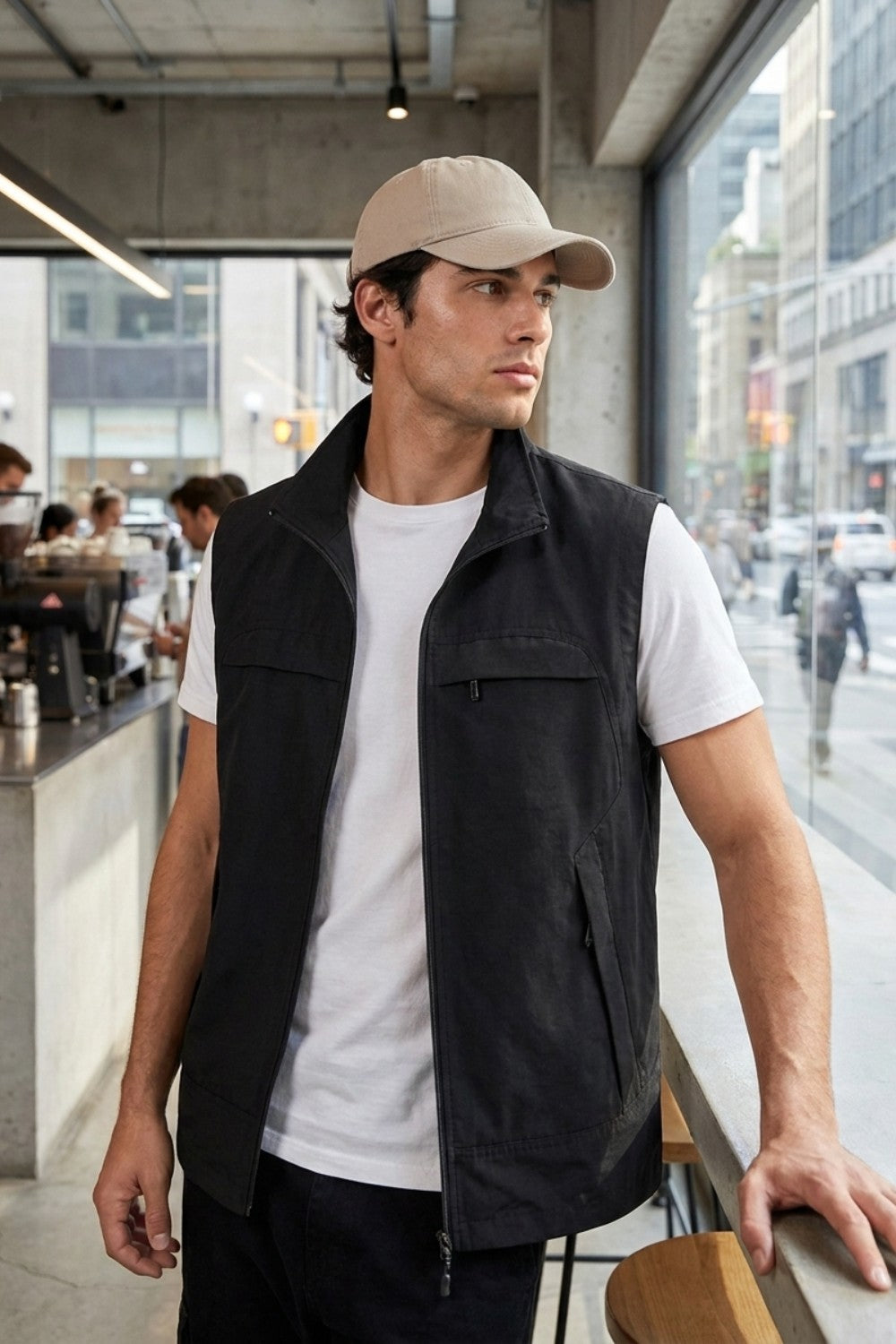 Gilet utilitaire poches multiples, coloris noir, porté en tenue