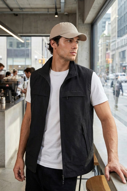 Gilet utilitaire poches multiples, coloris noir, porté en tenue