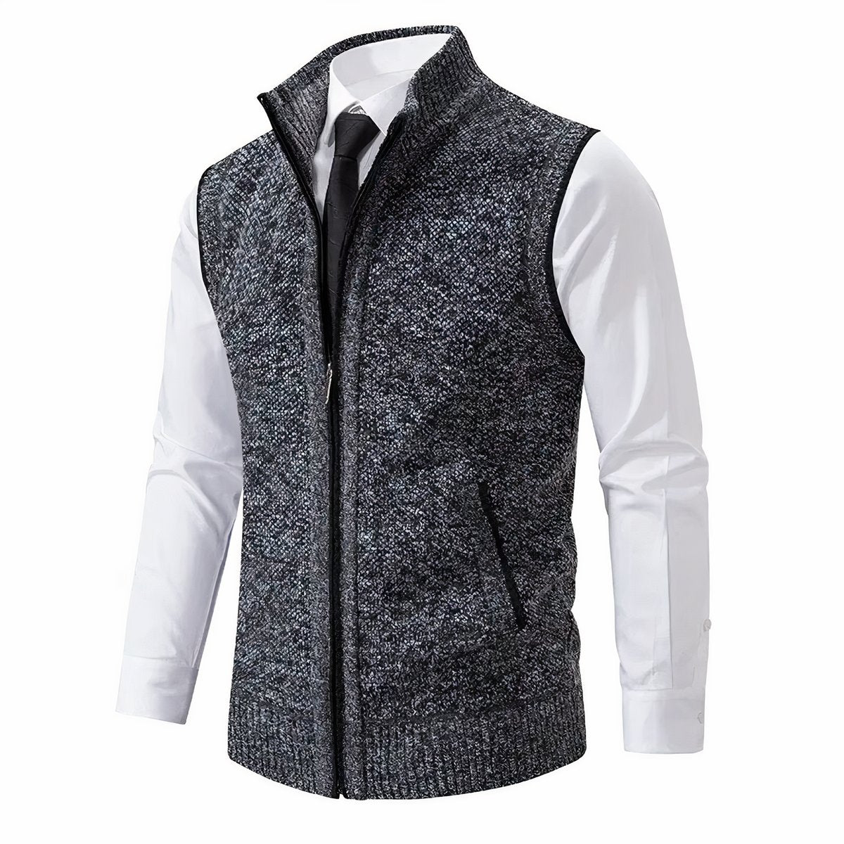 Gilet zippé sans manches gris foncé chiné, col montant, porté sur une chemise