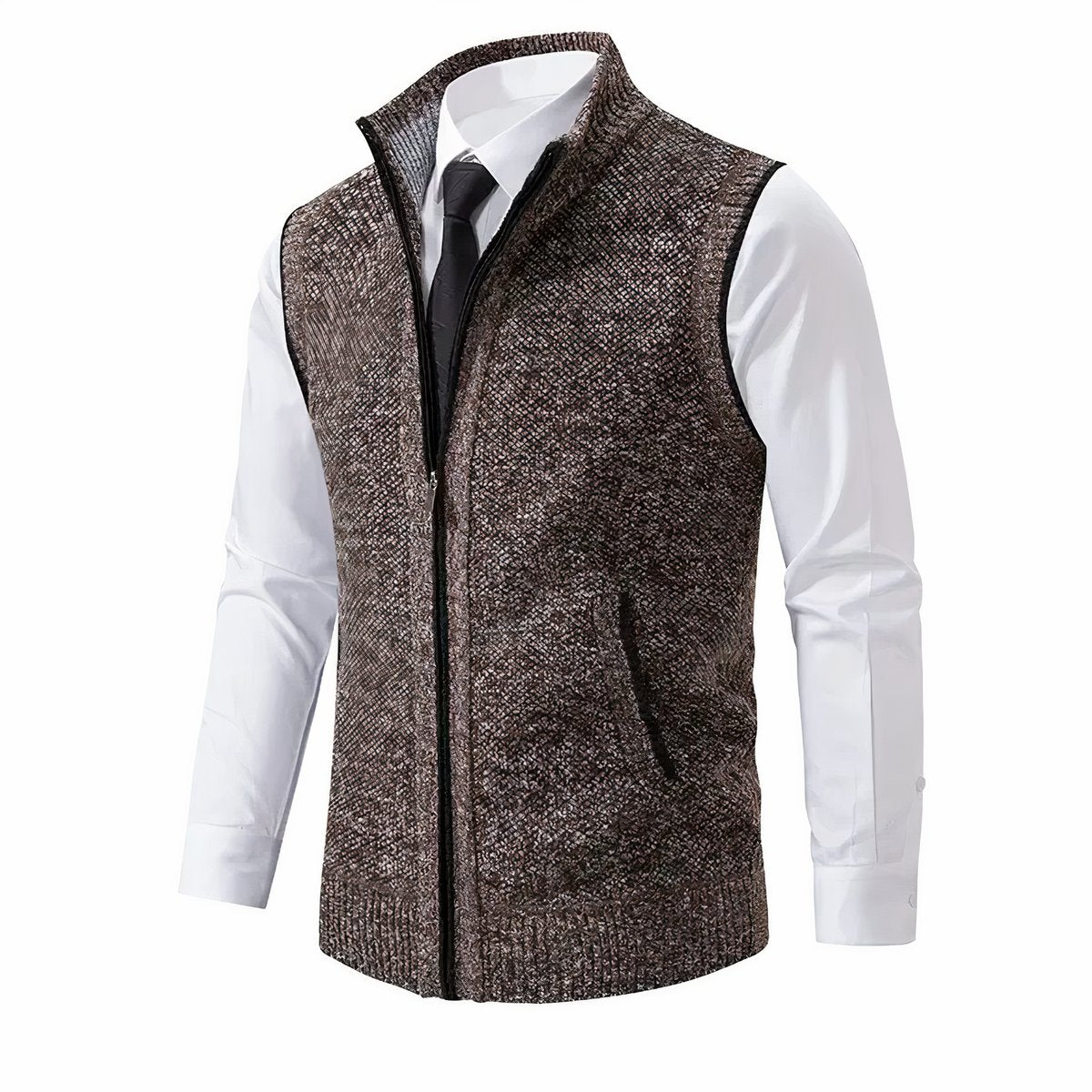 Gilet zippé sans manches marron chiné, col montant, porté sur une chemise