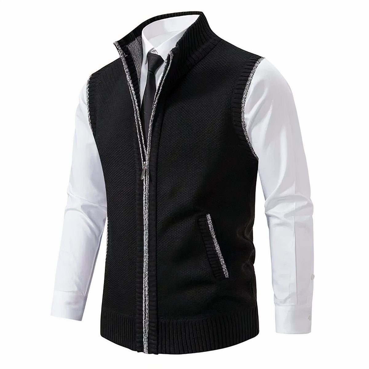 Gilet zippé sans manches noir à liserés gris, col montant