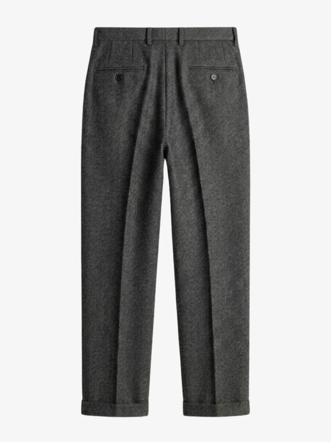 Vue de dos d'un pantalon habillé à plis en chevrons gris avec poches passepoilées