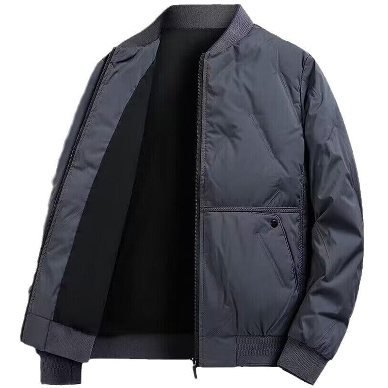 Blouson matelassé gris ouvert, col et poignets côtelés, doublure noire visible