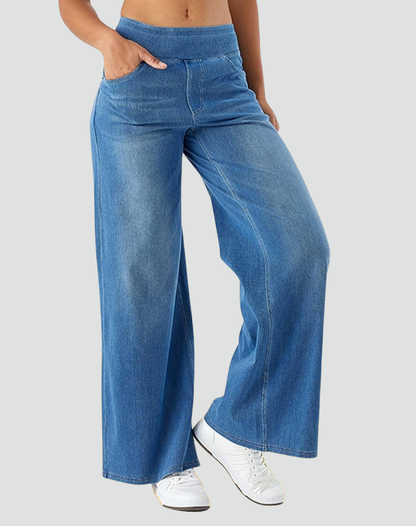 Jean large taille élastique, coloris bleu clair, vue de profil